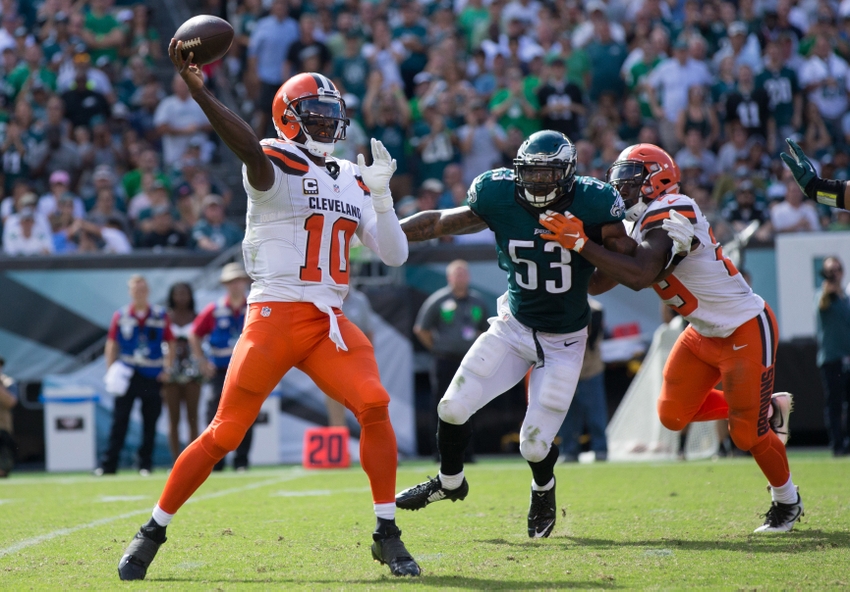 Sep 11 2016 Philadelphia PA USA Cleveland Browns quarterback Robert Griffin III passes in front of the rush attempt of Philadelphia Eagles linebacker Nigel Bradham during the second half at Lincoln Financial Field. The Philadelphia Eagles