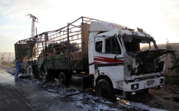 One of the 18 aid trucks destroyed by the Russian air strike near Aleppo this week CREDIT AFP