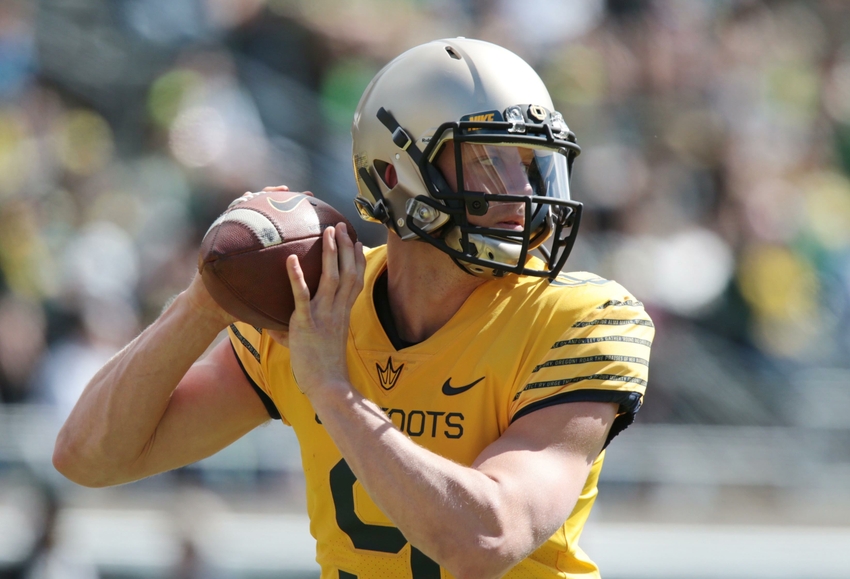 Apr 30 2016 Eugene OR USA Oregon Ducks quarterback Dakota Prukop sets to throw a pass before the game at Autzen Stadium. Mandatory Credit Scott Olmos-USA TODAY Sports