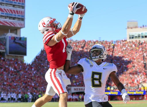 Nebraska wide receiver Jordan Westerkamp catches a touchdown pass over Oregon defensive back Reggie Daniels during the first half of an NCAA college football game in Lincoln Neb. Saturday Sept. 17 2016