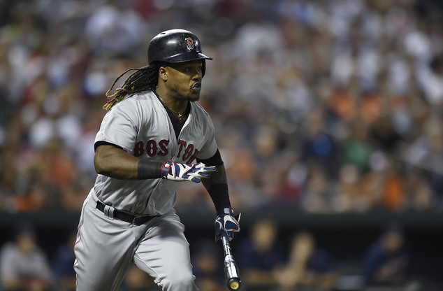 Boston Red Sox's Hanley Ramirez races to first after connecting for a solo home run against the Baltimore Orioles in the seventh inning of a baseball game T