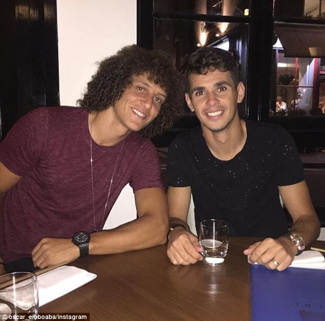 Oscar and David Luiz celebrated the latter's return to Chelsea following his deadline day move