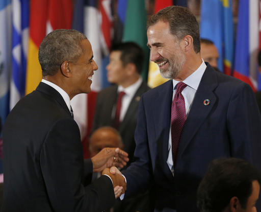 King Don Felipe VI of Spain right greets U.S. President Barack Obama as he arrives for a luncheon during the United Nations General Assembly at United Nations headquarters Tuesday Sept. 20 2016