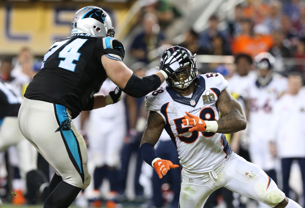 Feb 7 2016 Santa Clara CA USA Denver Broncos outside linebacker Von Miller rushes the passer against Carolina Panthers tackle Mike Remmers in Super Bowl 50 at Levi's Stadium. Mandatory Credit Matthew Emmons-USA TODAY Sports