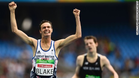 Paul Blake celebrates after winning gold in the T36 400-meter final