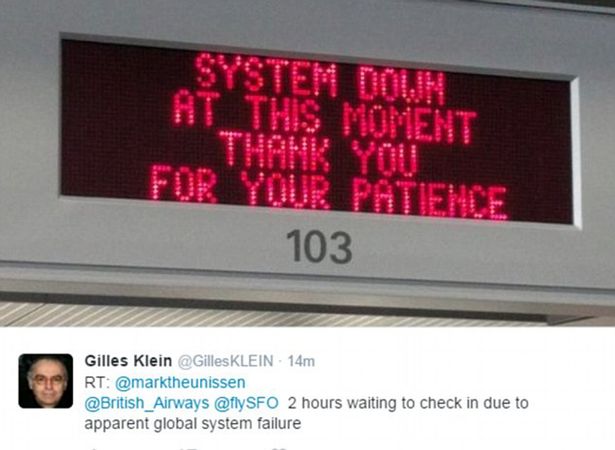 British Airways has suffered an IT glitch on its new 'FLY&#039 check-in system around the world. This image was taken at San Francisco Airport by a traveller waiting to fly back to Heathrow