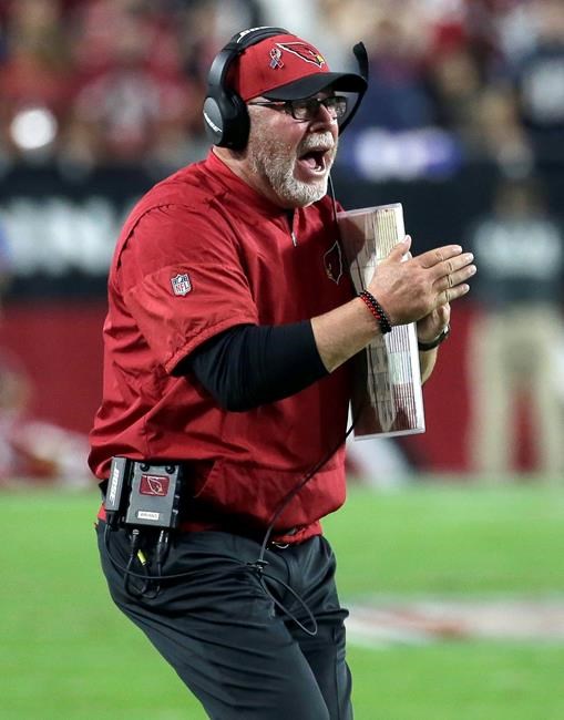 Arizona Cardinals head coach Bruce Arians yells during the second half of an NFL football game against the New England Patriots Sunday Sept. 11 2016 in Glendale Ariz