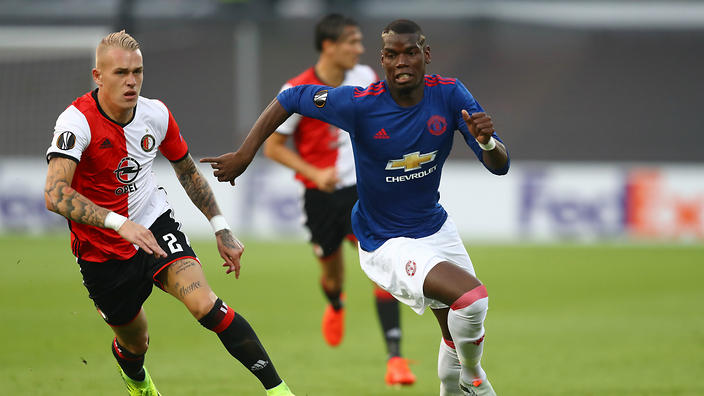 Paul Pogba in action for Manchester United during their frustrating loss to Feyenoord