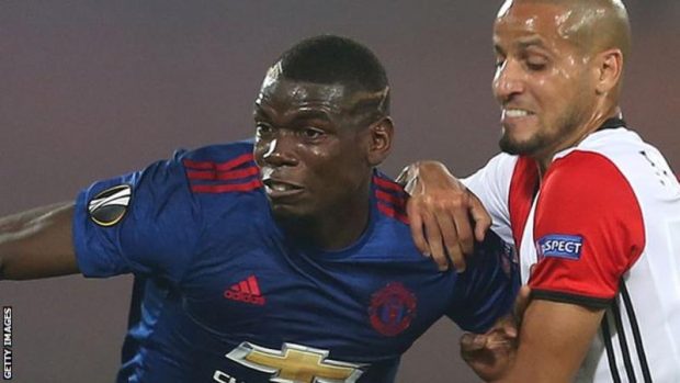 Paul Pogba struggled to get free in Thursday's Europa League defeat by Feyenoord