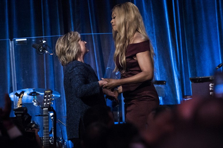 Democratic presidential nominee Hillary Clinton is greeted by actress Laverne Cox during an LGBT for Hillary Gala at the Cipriani in New York