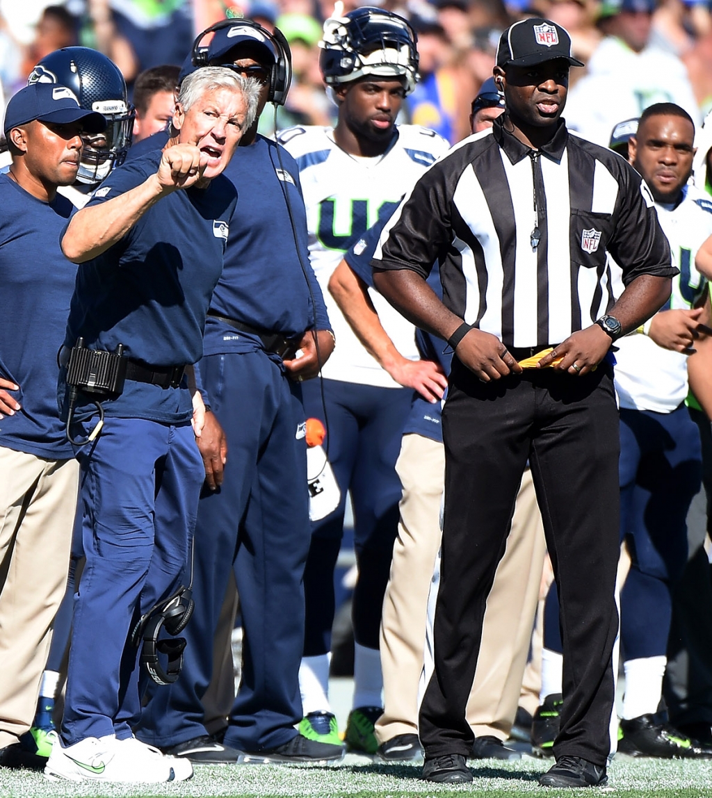 Pete Carroll yells at a referee during Sunday’s loss to the