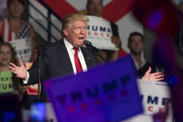 Republican presidential candidate Donald Trump speaks during