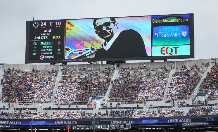 An image of former Penn State coach Joe Paterno is displayed on a Beaver Stadium video screen Saturday