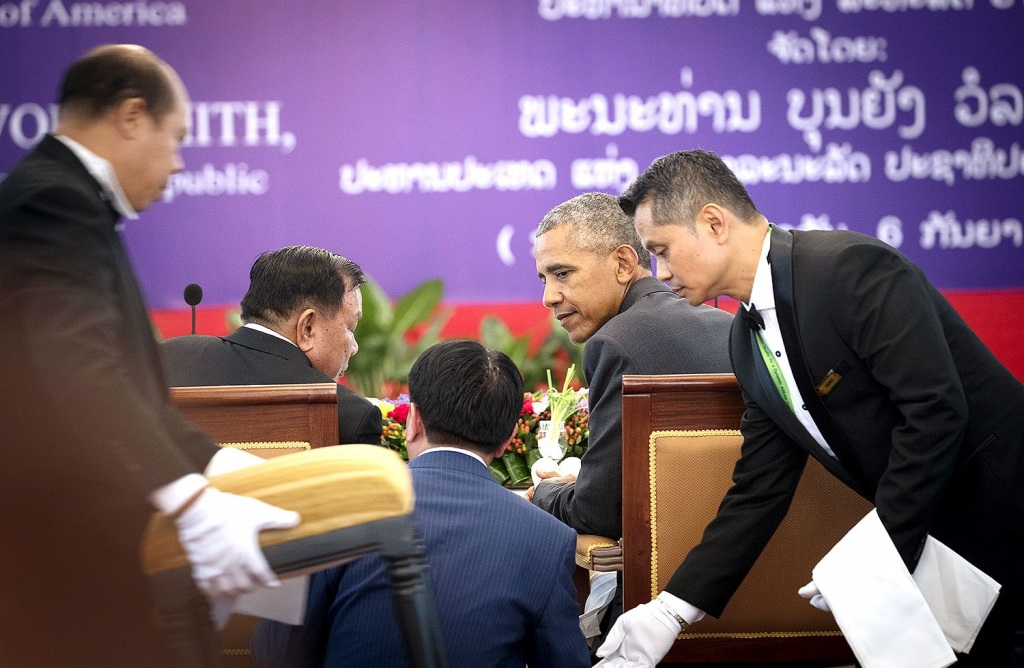 OBAMA_LAOS_11 President Barack Obama and President Bounnhang Vorachith of Laos talk during a state luncheon at the Presidential Palace in Vientiane Laos