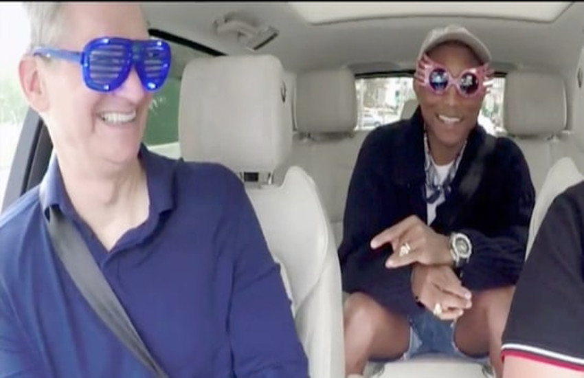 Tim Cook does Carpool Karaoke with James Corden and Pharrell