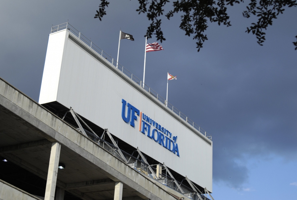 GAINESVILLE FL- OCTOBER 11 A sign on top of the stadium as the Florida Gators host the LSU Tigers at Ben Hill Griffin Stadium