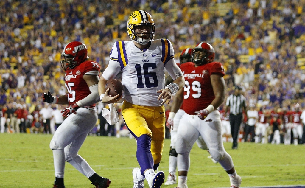 BATON ROUGE LA- SEPTEMBER 10 Danny Etling #16 of the LSU Tigers scores a thouchdown during the second half of a game against the Jacksonville State Gamecocks at Tiger Stadium