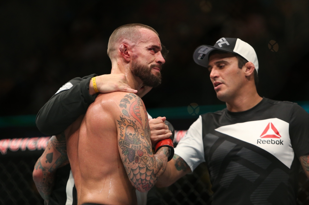 CLEVELAND OH- SEPTEMBER 10 CM Punk reacts to his loss to Mickey Gall during the UFC 203 event at Quicken Loans Arena