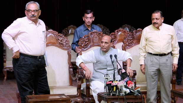 Home Minister Rajnath Singh at a press conference in Jammu on Monday | PTI