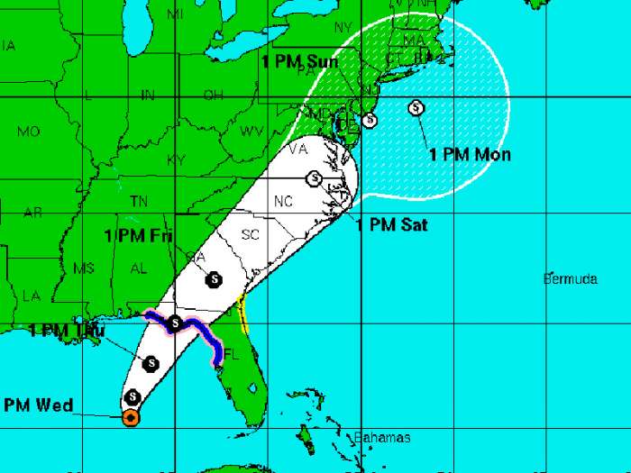 The 5 p.m. Wednesday forecast track issued by the National Hurricane Center for Tropical Storm Hermine. NOAA