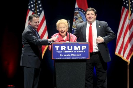 Conservative activist Phyllis Schlafly introduces U.S. Republican presidential candidate Donald Trump at the Peabody Opera House in St. Louis Missouri