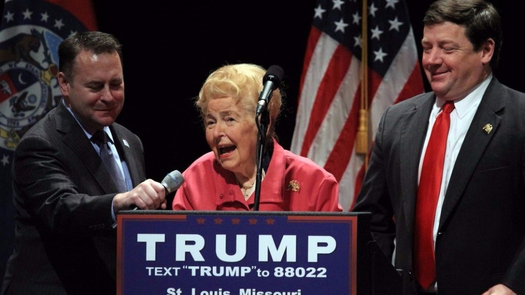 Phyllis Schlafly speaks during a Trump rally in St. Louis Missouri