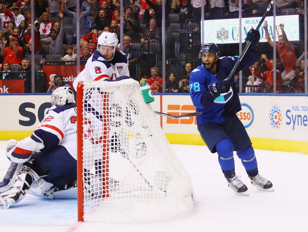 Pierre-Edouard Bellemare of Team Europe celebrates his second-period goal Saturday in Toronto