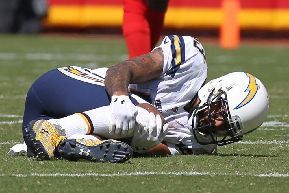 11 Sep 2016 San Diego Chargers wide receiver Keenan Allen injures his knee in the first half a week 1 AFC West divisional matchup between the San Diego Chargers and Kansas City Chiefs at Arrowhead Stadium in Kansas City MO