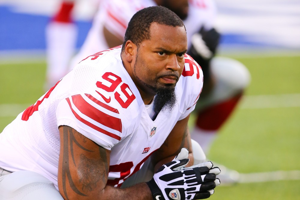 22 AUG 2014 New York Giants defensive tackle Cullen Jenkins prior to the game between the New York Giants and the New York Jets played at Met Life Stadium in East Rutherford,NJ. The New York Jets and New York Giants are playing in the annual Snoopy