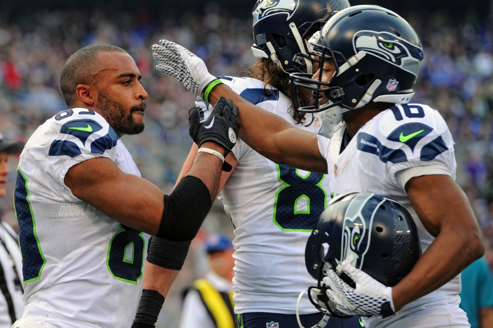 13 December 2015 Seattle Seahawks wide receiver Doug Baldwin is congratulated by wide receiver Tyler Lockett after his touchdown against the Baltimore Ravens at M&T Bank Stadium in Baltimore MD. where the Seattle Seahawks defeated the Baltimo