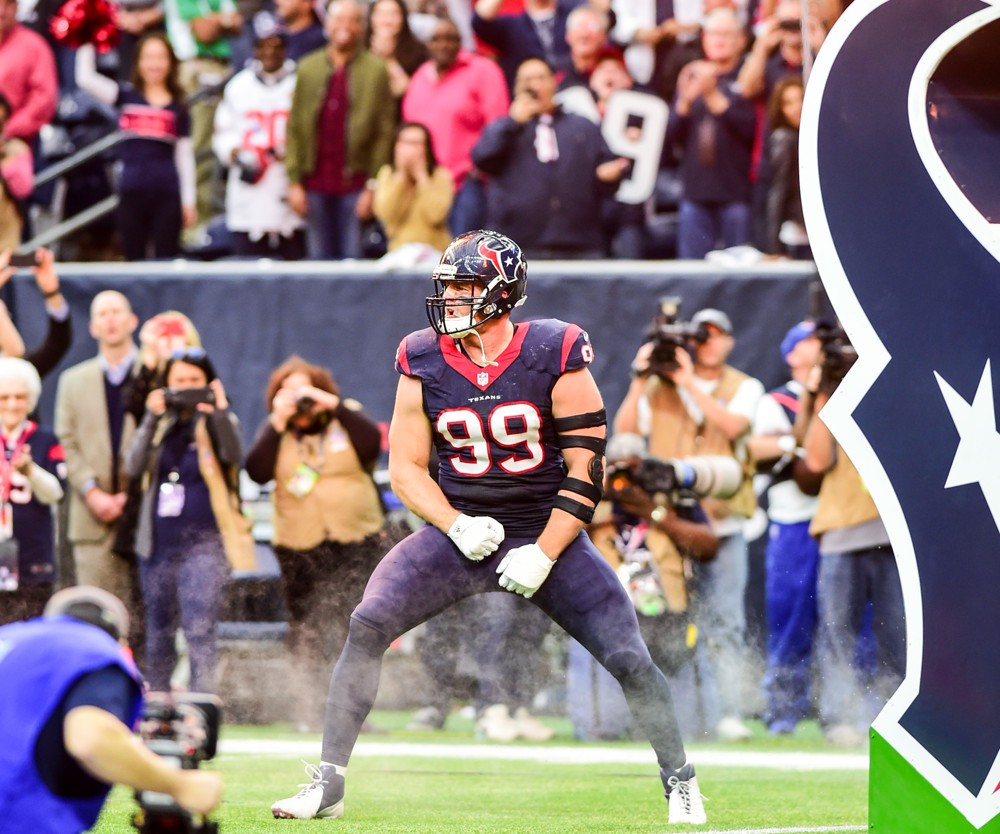 Houston Texans defensive end J.J. Watt is introduced before the Chiefs at Texans Wild Card playoff game at NRG Stadium Houston Texas