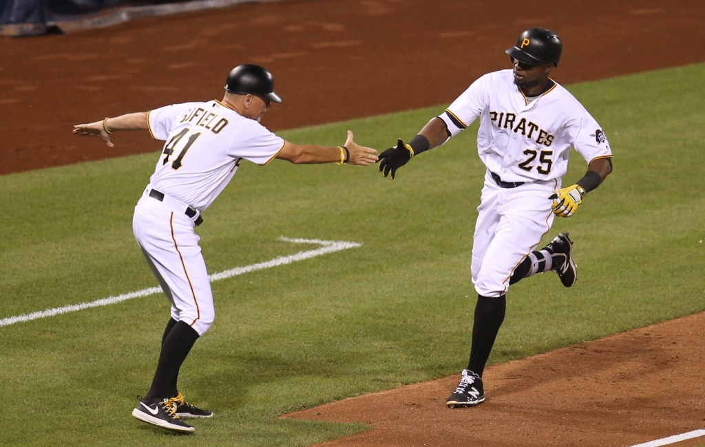 Aug 23 2016 Pittsburgh PA USA Pittsburgh Pirates third base coach Rick Sofield greets left fielder Gregory Polanco after Polanco hit his second home run of the game against the Houston Astros during the fifth inning at PNC Park. Mandatory C