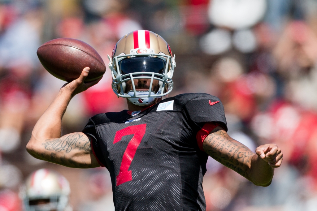 Aug 10 2016 San Francisco CA USA San Francisco 49ers quarterback Colin Kaepernick passes the ball during the training camp at Kezar Stadium. Mandatory Credit John Hefti-USA TODAY Sports