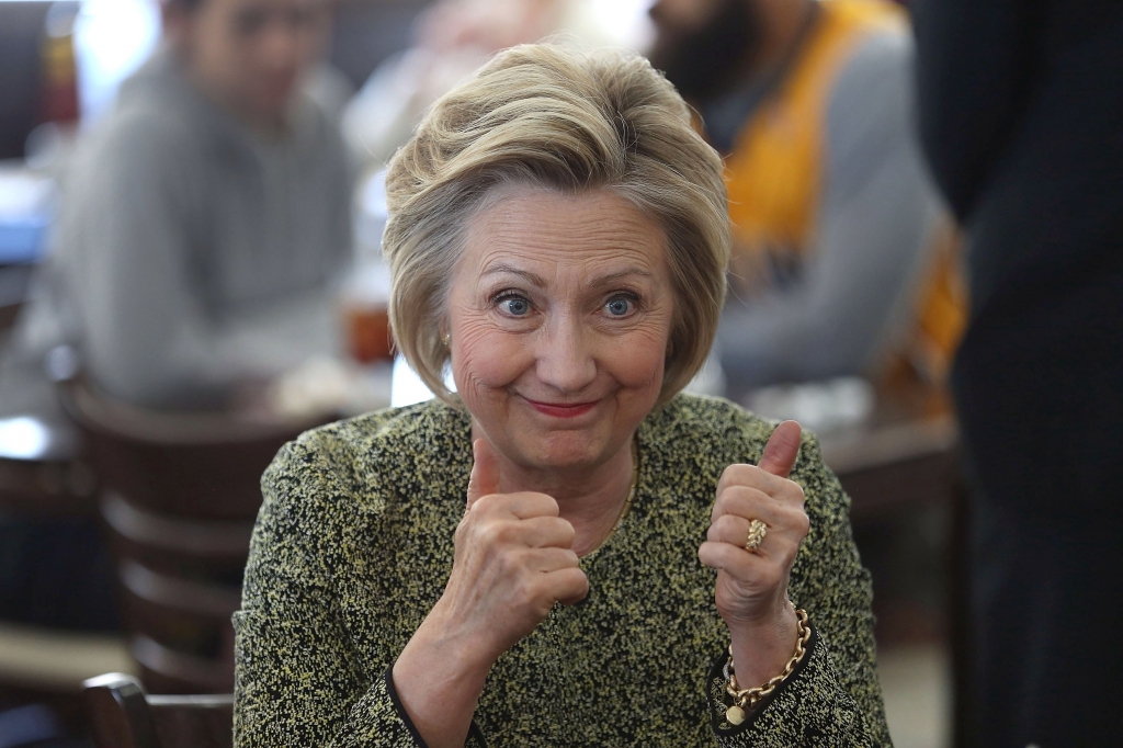 INDIANAPOLIS IN- MAY 01 Democratic presidential candidate Hillary Clinton gives a thumbs up during a stop at the Lincoln Square pancake house as she campaign for votes