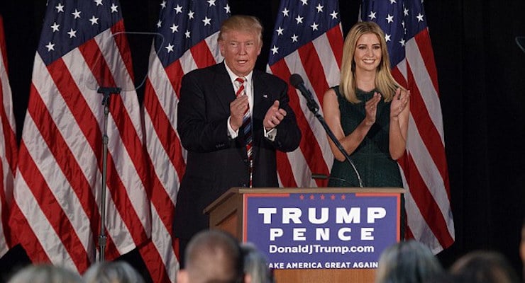 Ivanka Trump right applauds as her father Republican presidential candidate Donald Trump as he delivers his childcare plan in a policy speech in Aston Pennsylvania