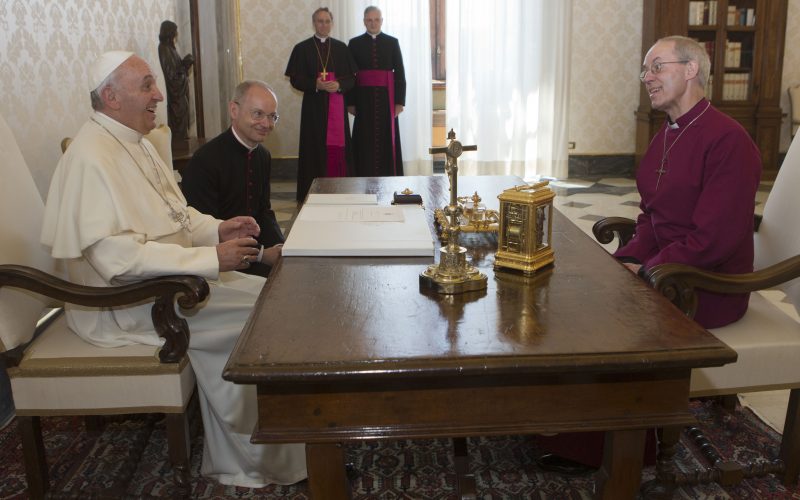 Pope Francis and the Archbishop of Canterbury Justin Welby during a private audience at the Vatican in 2013