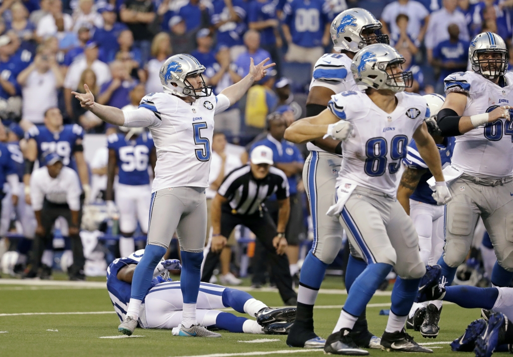 Detroit Lions kicker Matt Prater celebrates a game-winning field goal in the final seconds of the game against the Indianapolis Colts in an NFL football game in Indianapolis Sunday Sept. 11 2016. The Lions defeated the Colts 39-35. (AP