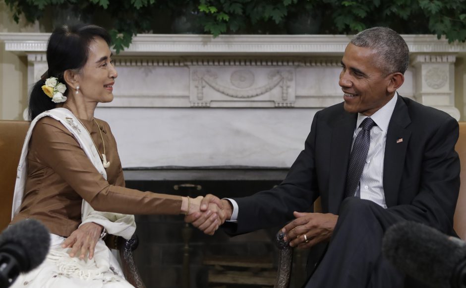 President Barack Obama and Myanmar's leader Aung San Suu Kyi shake hands as they speak to media at the conclusion of a meeting in Washington. Pic AP