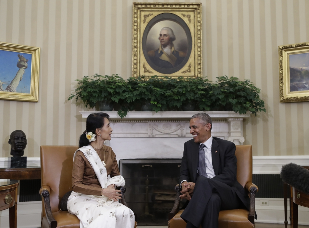 President Barack Obama meets with Myanmar's de facto leader Aung San Suu Kyi in the Oval Office of the White House in Washington on Wednesday