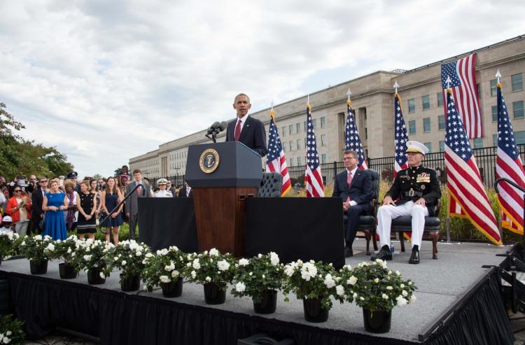 President Obama speaks during a ceremony commemorating the 9/11 attacks at the Pentagon in Washington