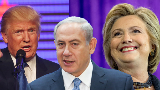 Prime Minister Benjamin Netanyahu flanked by Trump and Clinton