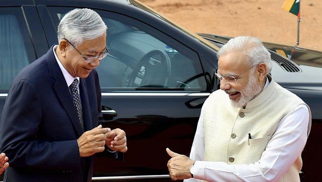 Prime Minister Narendra Modi meets Myanmar President U Htin Kyaw at the Rashtrapati Bhavan in New Delhi on Monday