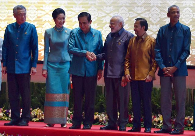 Prime Minister Narendra Modi with other leaders at the gala dinner at 28th and 29th ASEAN Summit in Vientiane Laos on Wednesday Sep 7 2016