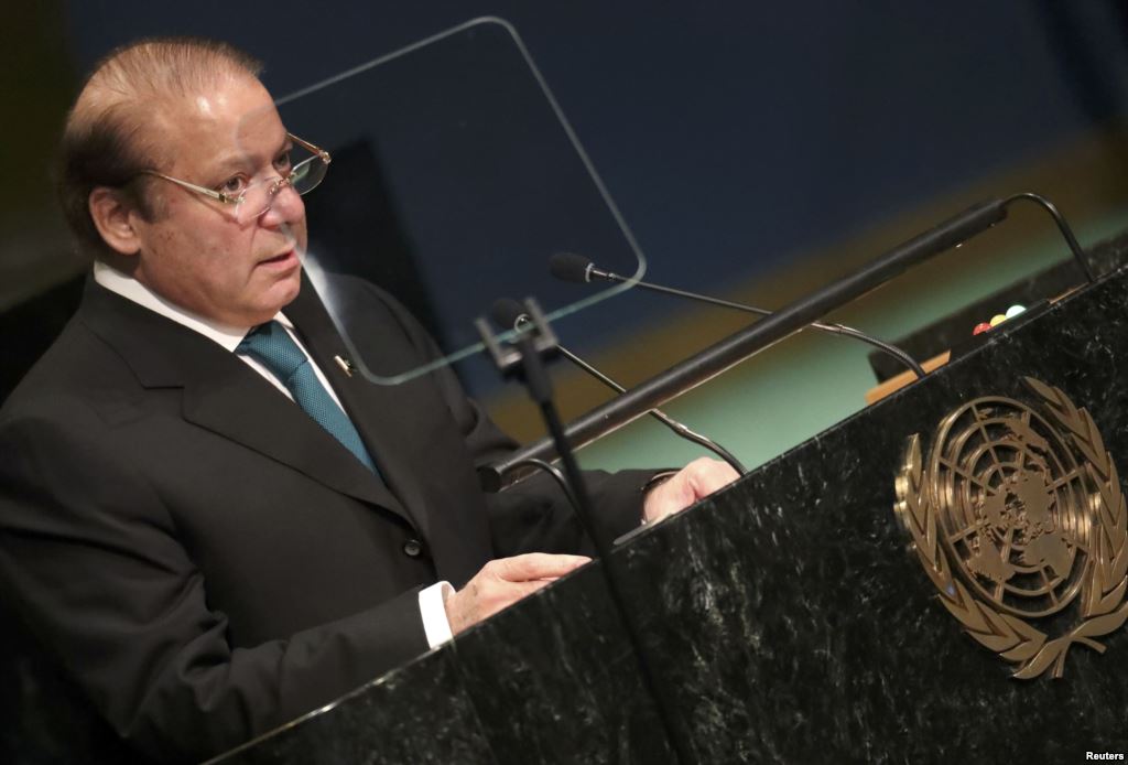 Prime Minister Nawaz Sharif of Pakistan addresses the United Nations General Assembly in New York on September 21