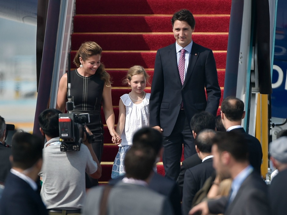 Prime Minister Justin Trudeau of Canada his wife Sophie Gregoire Trudeau and their daughter arrive in Hangzhou to attend to the G20 Leader Summit