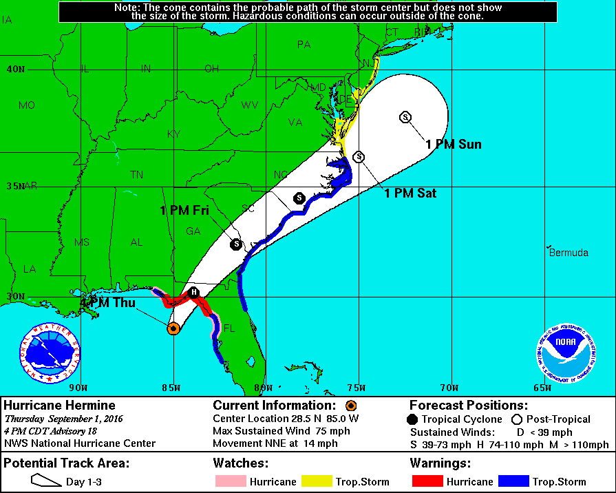 Projected three-day path of Hurricane Hermine. National Hurricane Center