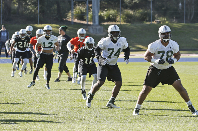 Hawaii's Rainbow Warriors stretch during a training run at a field in Sydney Australia Friday Aug. 26 2016. The California Golden Bears will play Hawaii