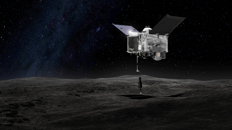 This artist's rendering made available by NASA on Tuesday Sept. 6 2016 shows the Origins Spectral Interpretation Resource Identification Security- Regolith Explorer spacecraft