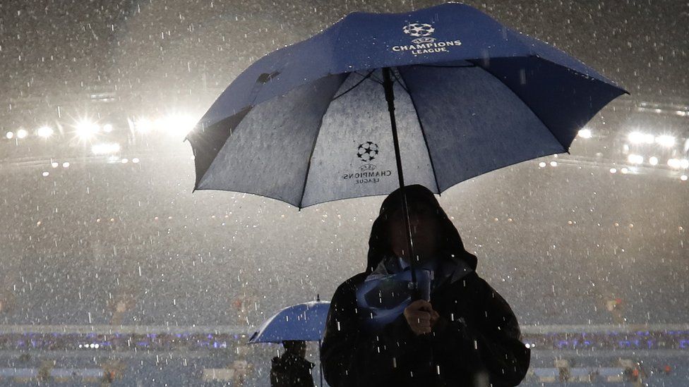 General view during a storm before the game