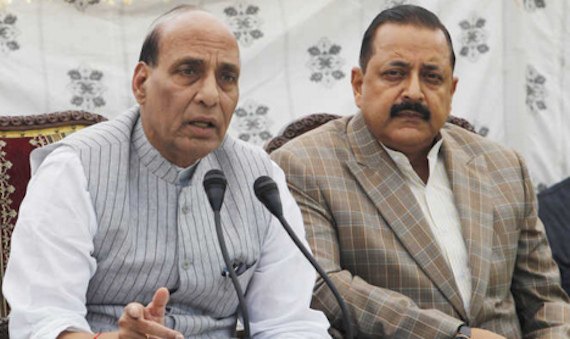 Ranjath Singh addresses a press conference in Srinagar